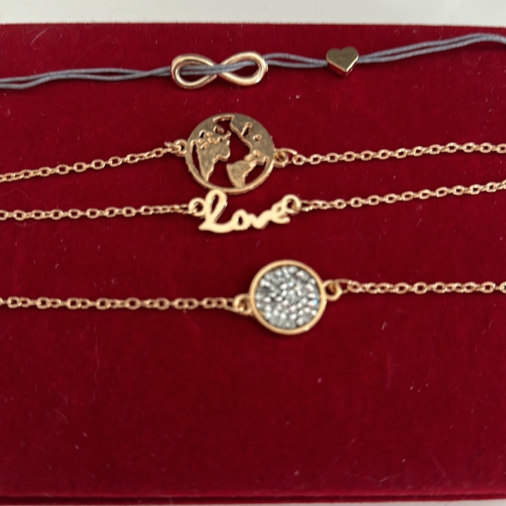 NWOT set of 4 gold tone adjustable bracelet set. Fits 6.8-8.5 wrist.